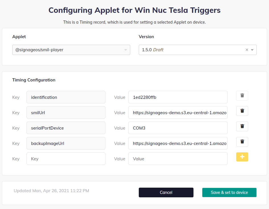 SMIL Applet configuration via timing config